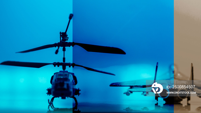 Government Military Technology Blurry Abstract Background, Helicopter and Drone , Concepts Of Modern Military Operation or Military Grade Product.