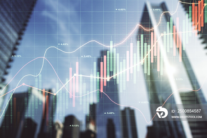 Multi exposure of abstract financial diagram on office buildings background, banking and accounting concept