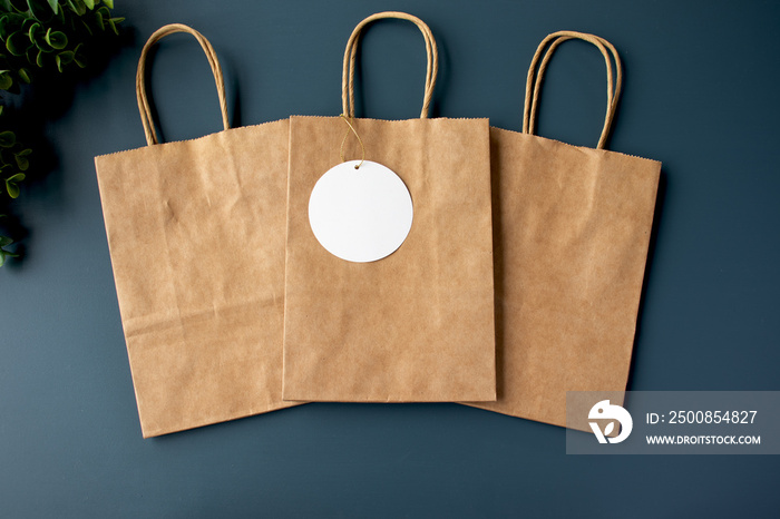 Three paper kraft bags with a blank gift tag on a blue background mockup