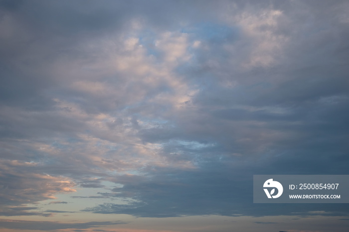 look up to blue and white sunset cloud sky. Wide angle and perspective