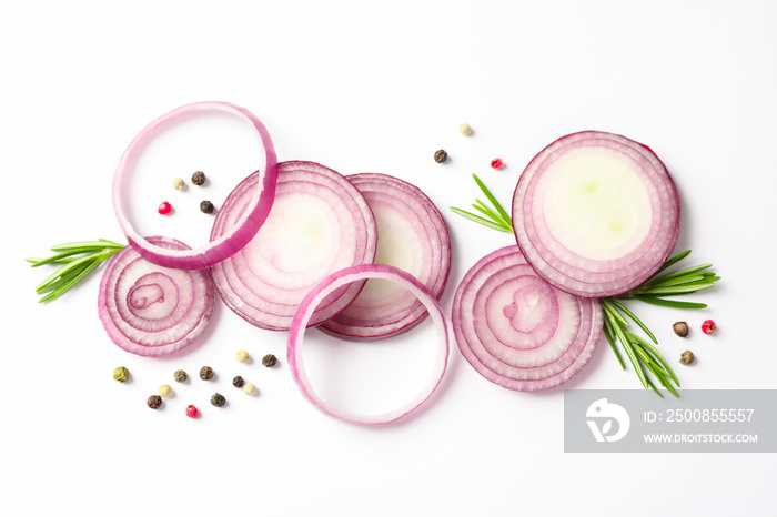 Flat lay composition with red onion rings and spices on white background