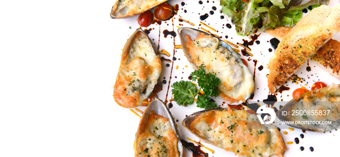 Seafood. Baked New Zealand Mussels with Cheese