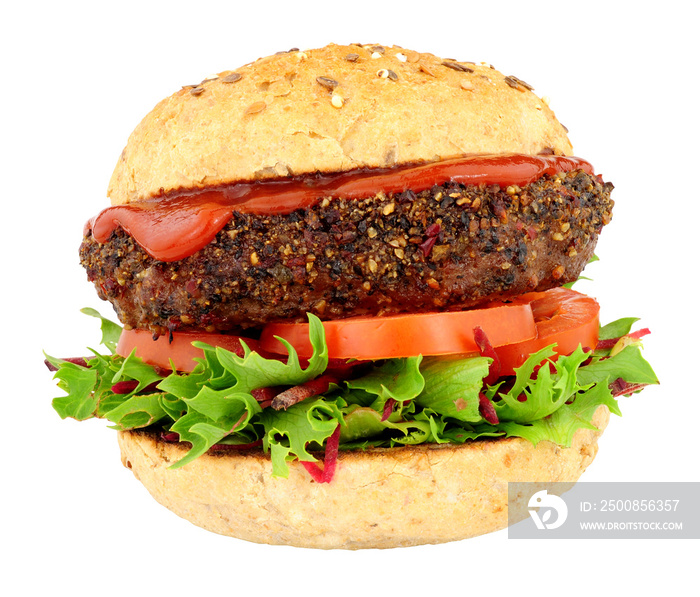 Peppered beef grill steak burger with fresh salad isolated on a white background