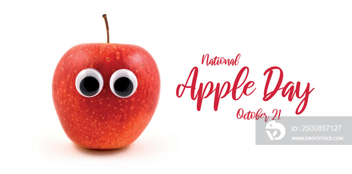 National Apple Day images. Red apple with googly eyes stock images. Funny apple character. Apple isolated on white background. Apple Day Poster, October 21. Important day