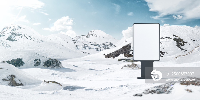 3d Illustration of an Empty Billboard Standing in the Middle of Snowy Mountains at Sunny Day.