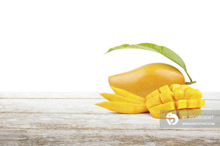 Mango fruit on white table and empty space for text, isolated background