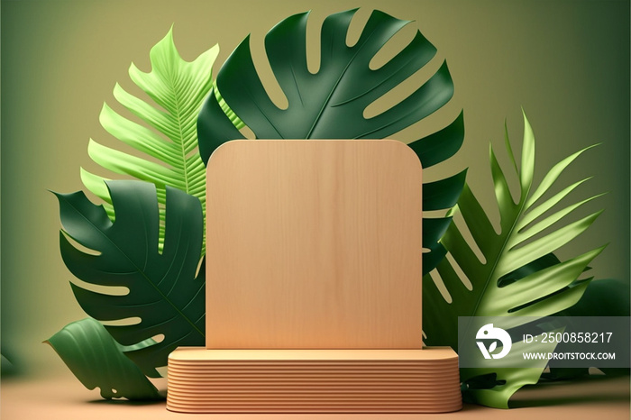 Wooden podium for presentation on green wall with tropical leaves