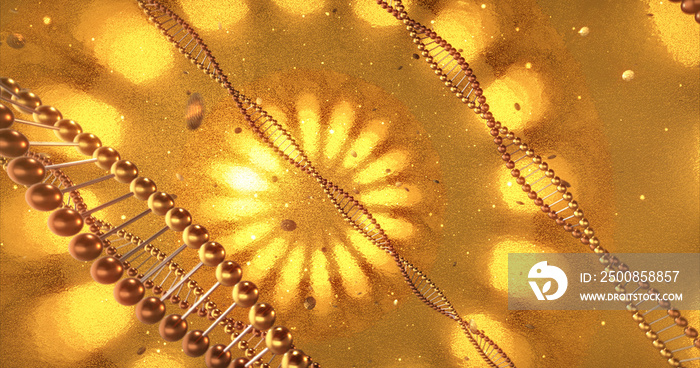 Golden geometric background with swirls of DNA molecules. 3D Rendering