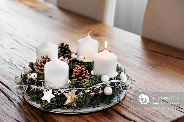 Lighting the first candle on the Advent Wreath on the first Sunday in December to celebrate the beginiing of Christmas holidays in Switzerland