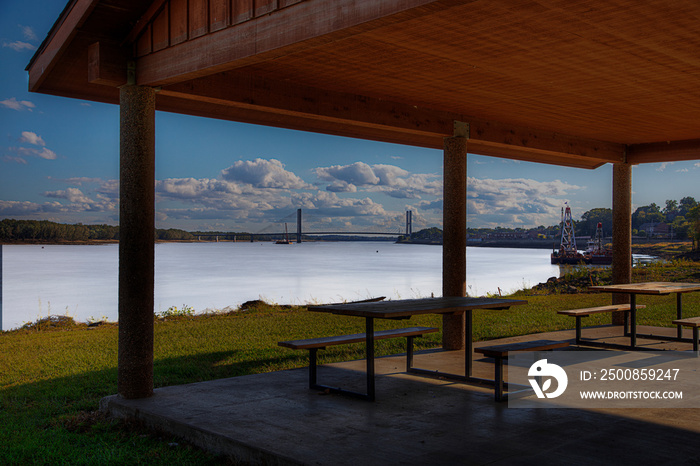 Smooth Mississippi looking through a pavilion at the  Red Star Landing.