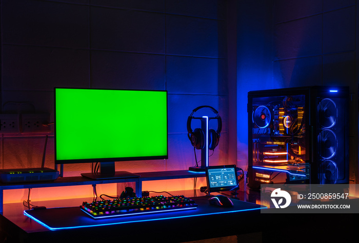 High-End Computing gaming set monitor green screen with screen showing computer status