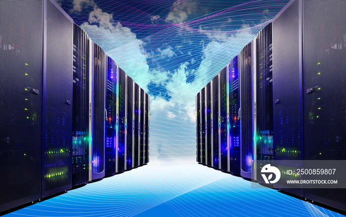 Cloud and sky overlay with servers computing technology in datacenter creative  concept