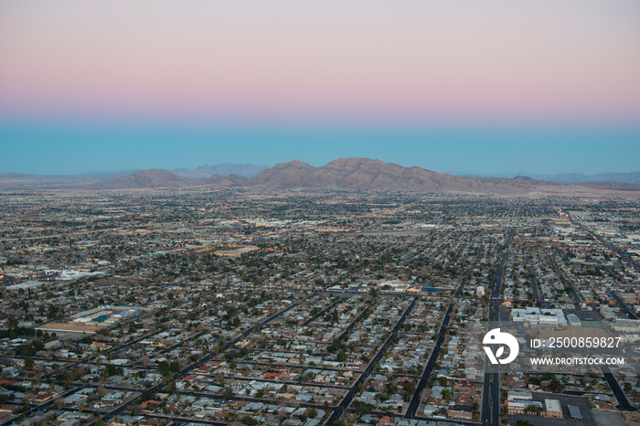 Las Vegas aerial view at sunset in Las Vegas, Nevada, USA.