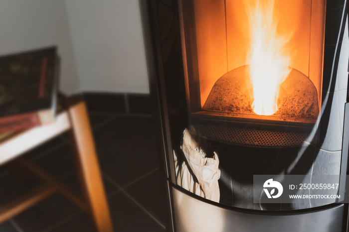 Modern domestic pellet stove, granules stove with flames