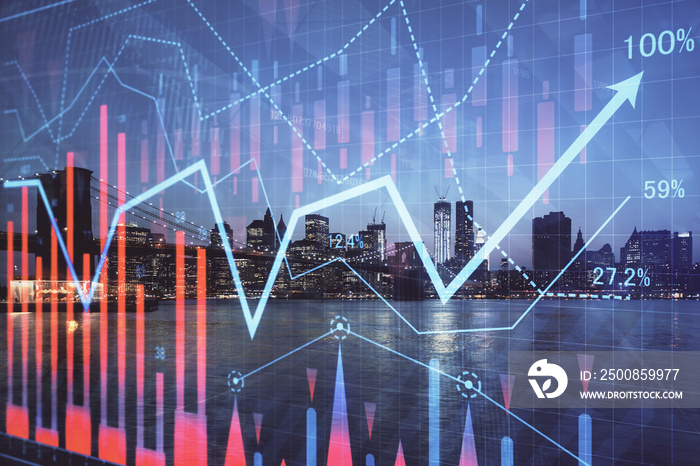 Financial graph on night city scape with tall buildings background double exposure. Analysis concept.