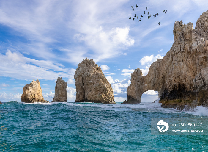 Scenic landmark tourist destination Arch of Cabo San Lucas, El Arco, whale watching and snorkeling spot.