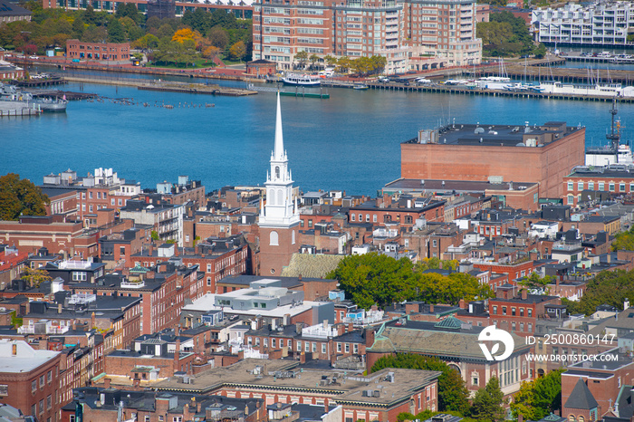 Boston North End, Old North Church and Italian Community aerial view, Boston, Massachusetts, MA, USA.