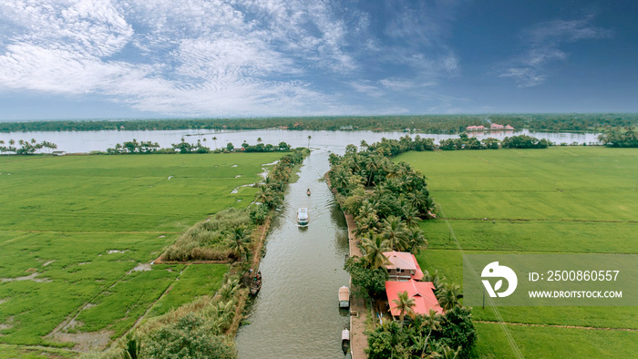 Aerial Shot  Boat Houses over the backwaters in Alleppey, Kerela