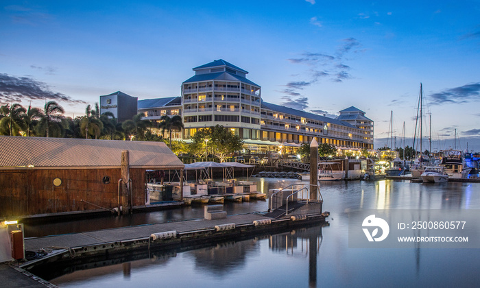 City, Lagoon and skyline with modern buildings at night,  Cairns, Queensland, Australia