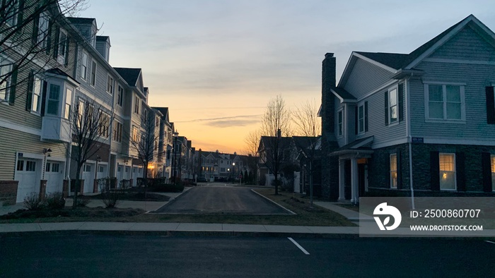 Hingham Shipyard condos in the sunset, Streets lit by streetlights