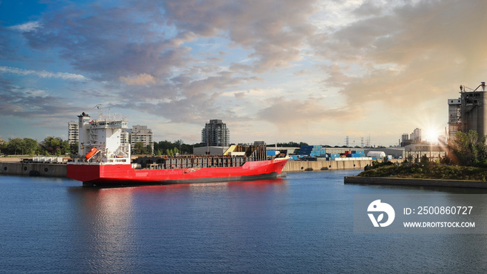 International container cargo ship leaving port harbor and terminal industrial dock while delivering freight shipment during supply chain issues caused by covid.