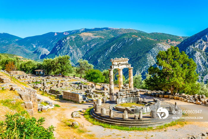 Ruins of temple of Athena Pronaia at Delphi, Greece