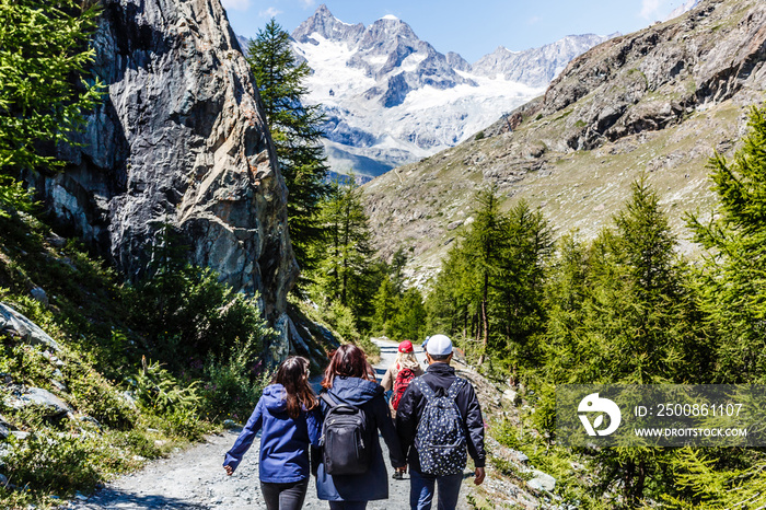 Amazing view of touristic trail near the Matterhorn in the Swiss Alps.