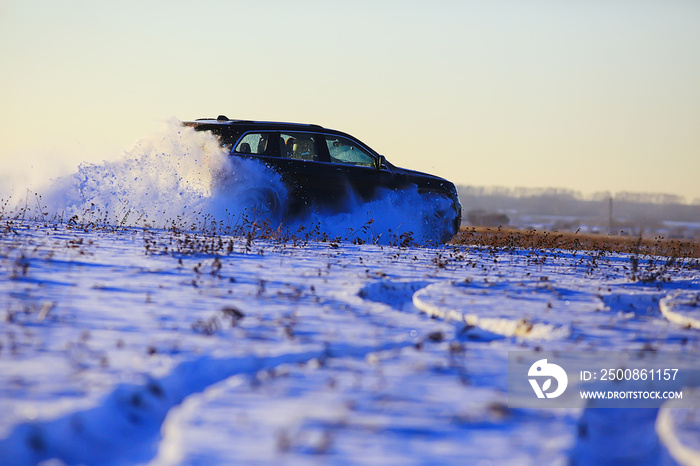 off-road vehicle drift in the snow field adventure winter speed nature