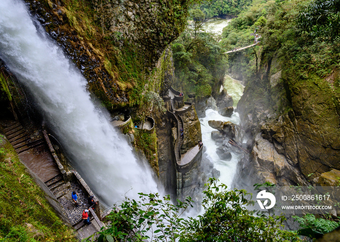 Aerial view of Del Diablo waterfall in Banos, Ecuador.