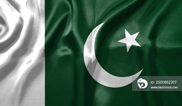 Pakistan flag wave close up. Full page Pakistan flying flag. Highly detailed realistic 3D rendering