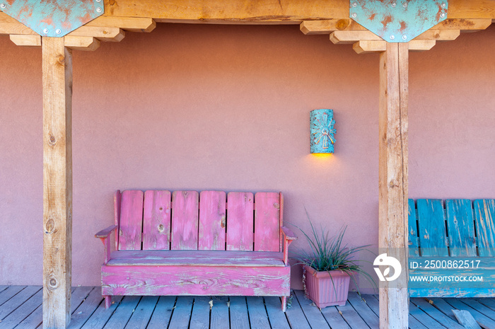 Vibrant multi-colored porch of the typical house in Southwest, USA