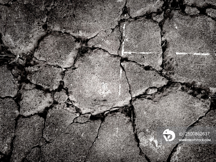 In the eerie black and white landscape, the concrete is riddled with many cracks. Double exposure creative hologram.