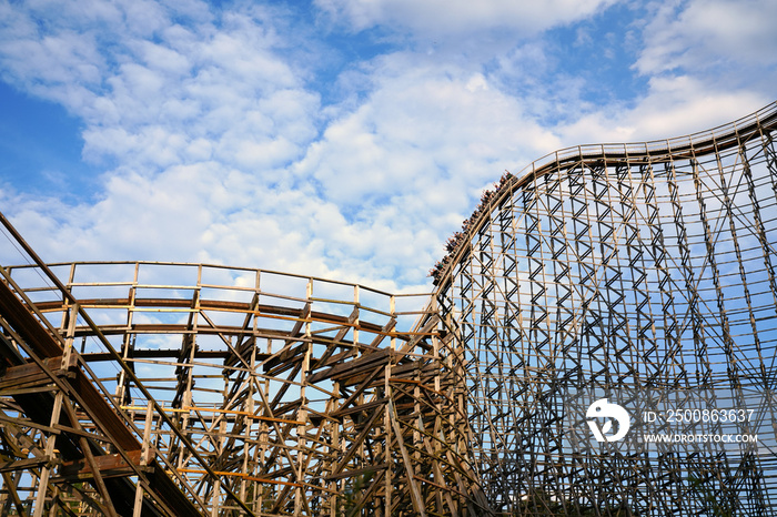wooden roller coaster. View on the construction of a large wooden rollercoaster.