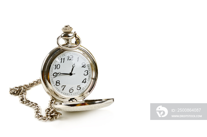 old pocket watch isolated on white background. Free space for text.