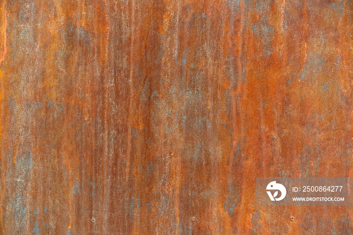 orange rust stains on weathered steel plate or yellow iron table and old brown metal wall from moisture to tetanus for dirty dark board background or red retro backdrop and ancient texture on top view