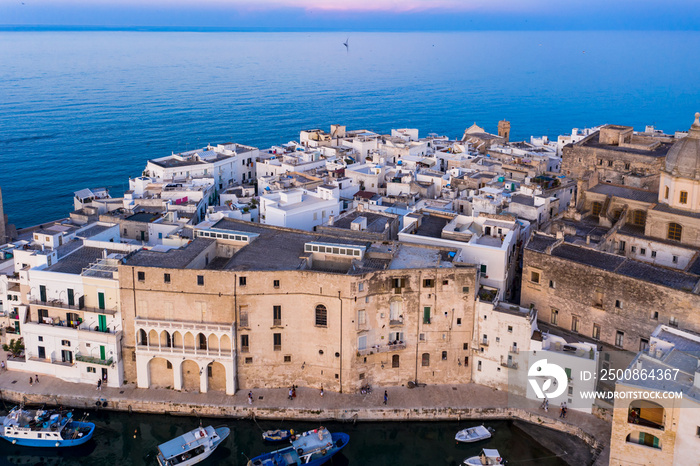 Aerial view, from the old town of Monopoli, at dusk, Puglia, Italy,