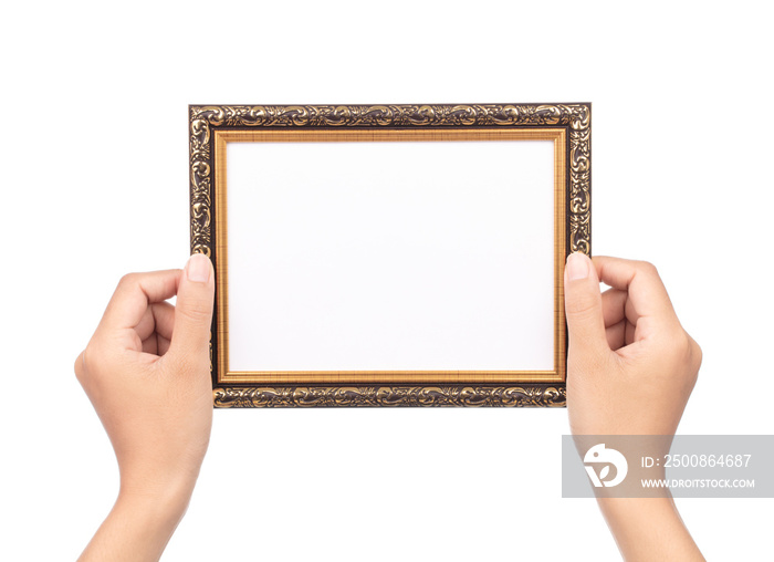 hand holding wood frame border design is patterned isolated on white background