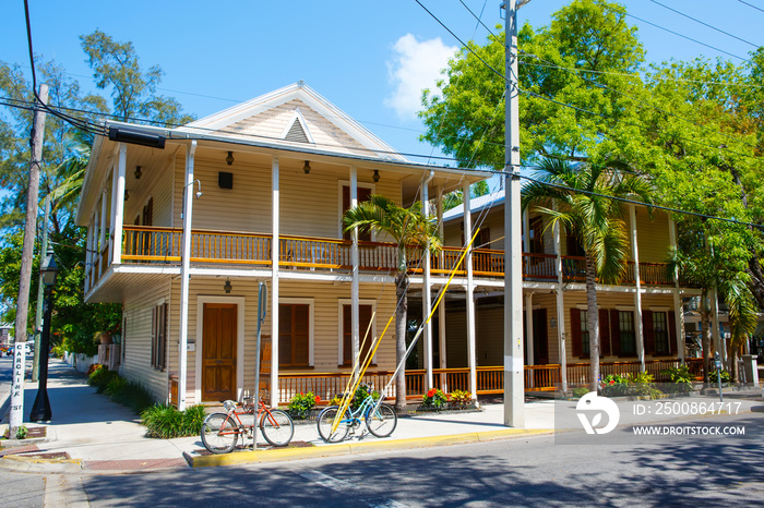 he historic and popular center and Duval Street in downtown Key West. Beautiful small town in Florida, United States of America. With colorful houses.