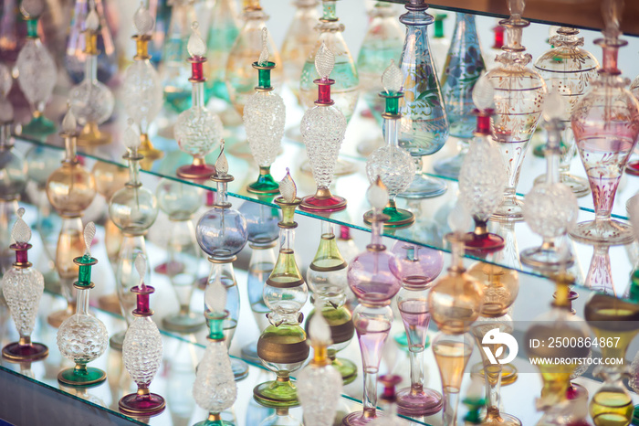 Arabic empty bottles for oil or perfume in the shop