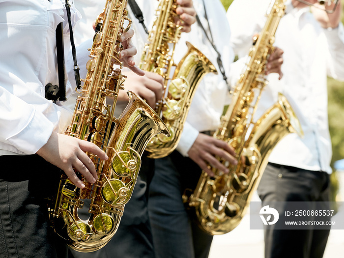 Closeup of a children’s orchestra playing on musical wind instruments.