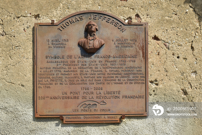 Plaque en l’honneur de Thomas Jefferson, 3ème président des États-Unis, Le Somail sur le canal du Midi, Aude, Languedoc, Occitanie, France.