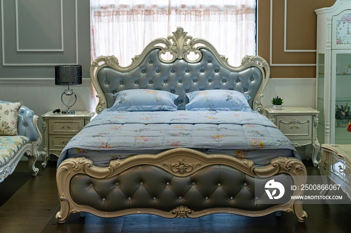 classic blue style bed -  bedroom art deco style. Interior bright bedrooms made from the highest quality materials.