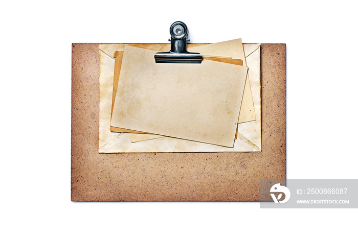 Mock up of old vintage paper envelopes and post cards on clipboard