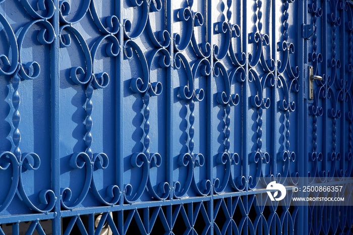 Sunlight and shadow on surface of wrought-iron elements pattern of vintage blue metal gate door