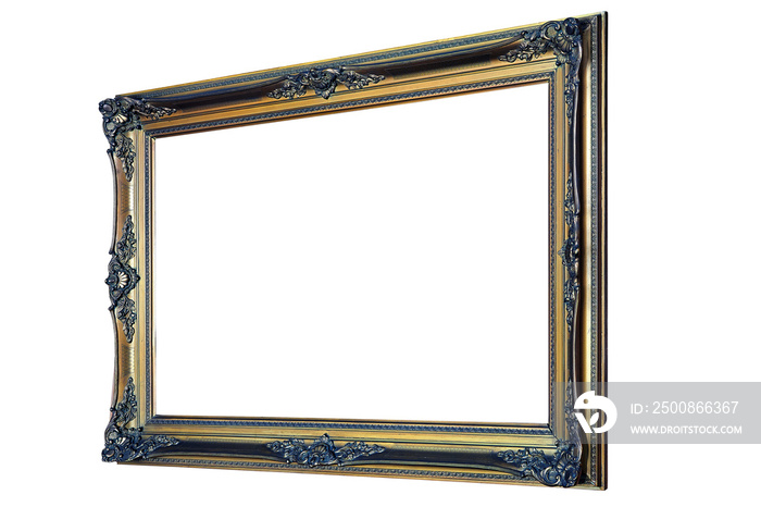 Ornamental wooden gold frame hanged on wood wall.