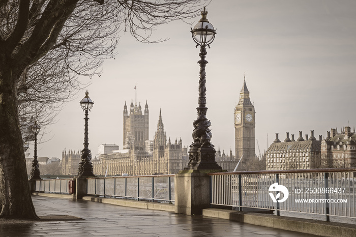 Early in the morning in central London with Big Ben and Houses of Parliament - vintage version - London, UK