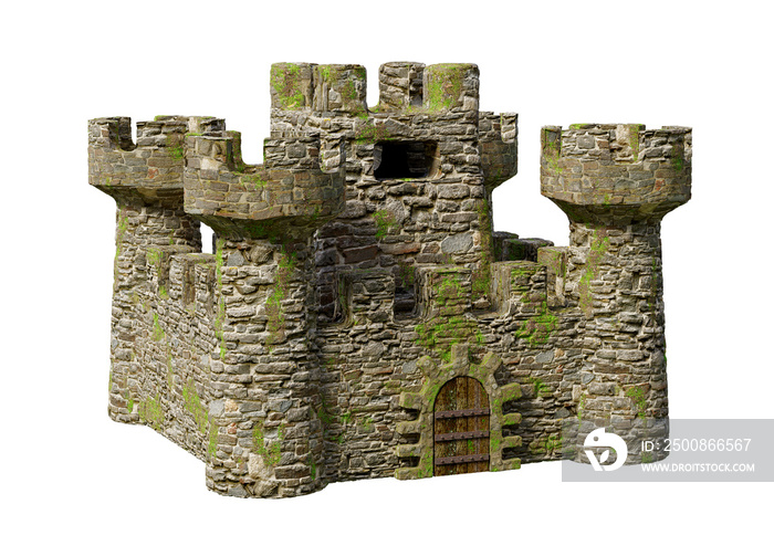 Medieval fortress feudal castle with towers for surveillance isolated over white background