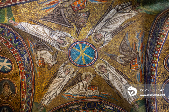 Mosaics of the Chapel of Sant Andrea or Archiepiscopal Chapel  in Ravenna, Italy. The only existing archiepiscopal chapel of the early Christian era that has been preserved intact to the present day.