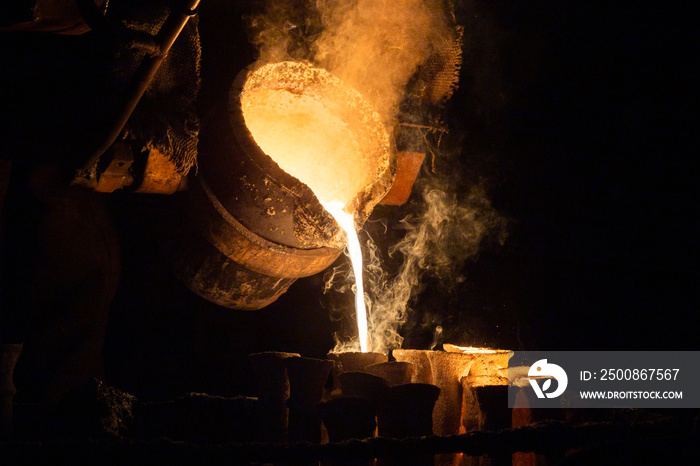 Industrial lost wax casting. The process of pouring for filling out ceramic shells with molten steel.