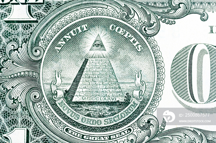 Conspiracy theory concept. All Seeing Eye and Pyramid on USA dollar banknote, Portrait from United States of America 1 Dollar 1935 Banknote.